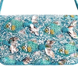 Fish Beaded Bag Handcrafted India Turquoise Aqua Green Silver Ocean Sea NWT NEW